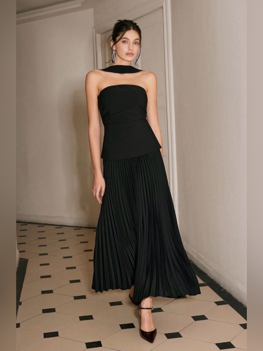 Commense Black Pleated Maxi Dress with Draped Bodice